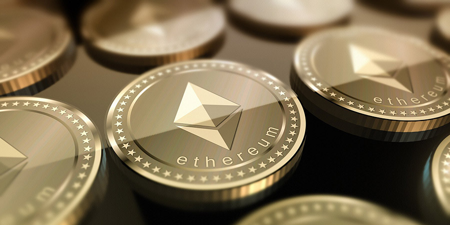several ethereum gold coins lined up in several rows