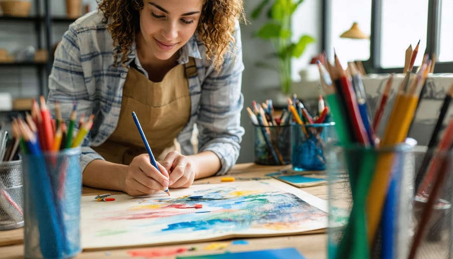 Overhead view of person painting with watercolors during art therapy session