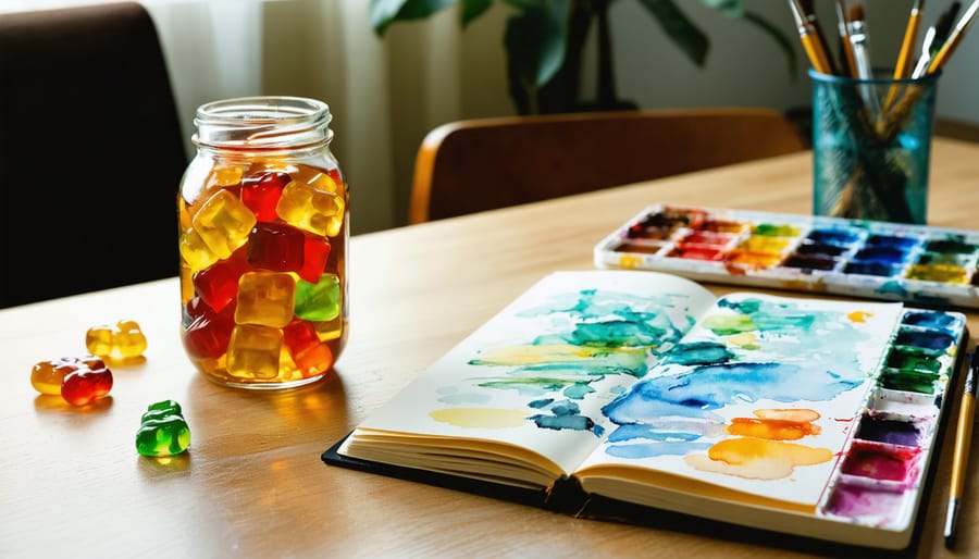 Art therapy table with an unlabeled amber jar of gummies, sketchbook with paint strokes, watercolor palette, brushes, and a glass of water, softly lit with a blurred chair and easel in the background.