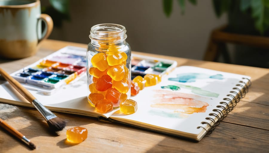 Close-up angled view of amber THCP gummies in a glass jar on a wooden artist’s table with paintbrushes and a palette, softly lit, with a blurred sketchbook and ceramic mug in the background.