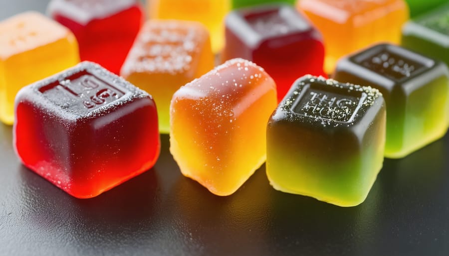 Colorful THCP gummies arranged on wooden surface with cannabis leaves