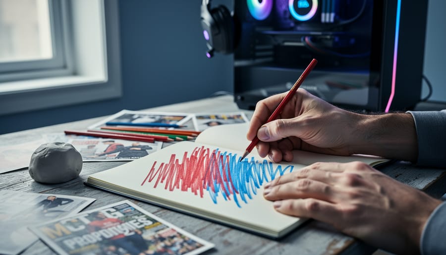 Close-up of adult hands making expressive red and blue pencil strokes in a sketchbook on a wooden desk, with a small piece of clay and magazine cutouts nearby; in the softly blurred background, a gaming PC with RGB lights and a headset under soft daylight.