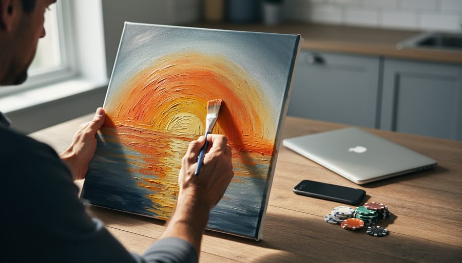 Over-the-shoulder view of adult hands painting an abstract sunrise on canvas in soft natural light, with brushes and paints in sharp focus; a closed laptop, face-down smartphone, and plain poker chips are softly blurred in the background, evoking a move away from online gambling.