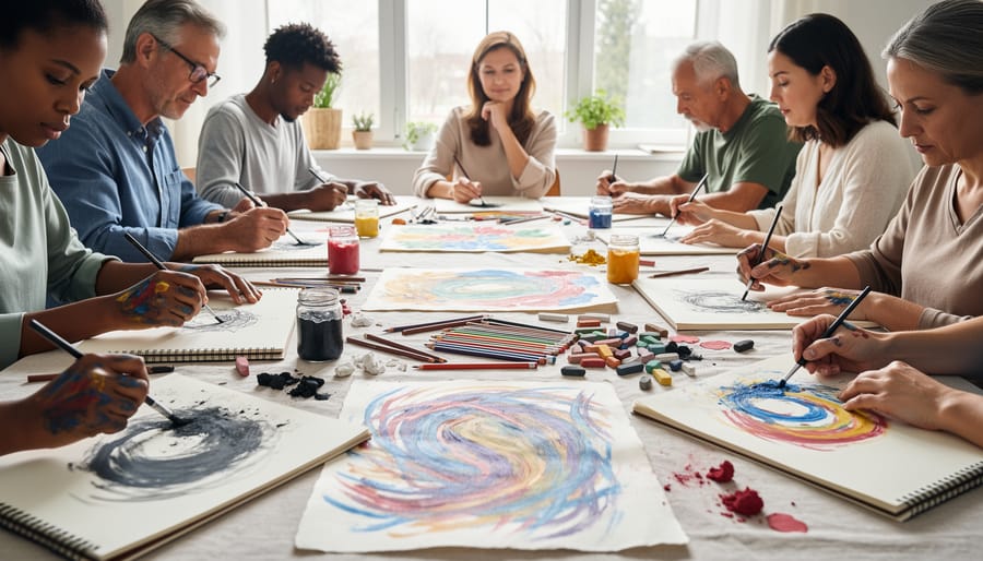Person's hands creating abstract art with paint during therapy session