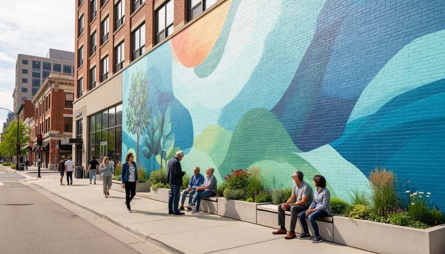 Large colorful therapeutic mural on commercial building exterior wall in urban Calgary setting
