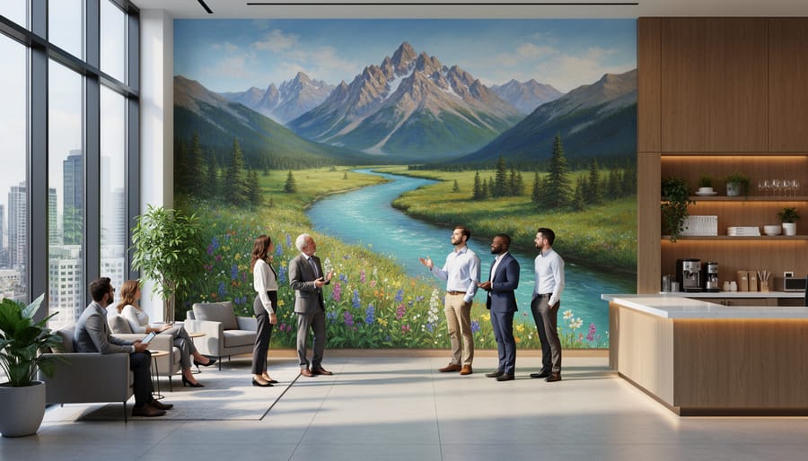 Diverse employees in a modern Calgary office pause near a large wall mural of the Rocky Mountains and a river, with soft daylight, plants, and seating creating a calm atmosphere.