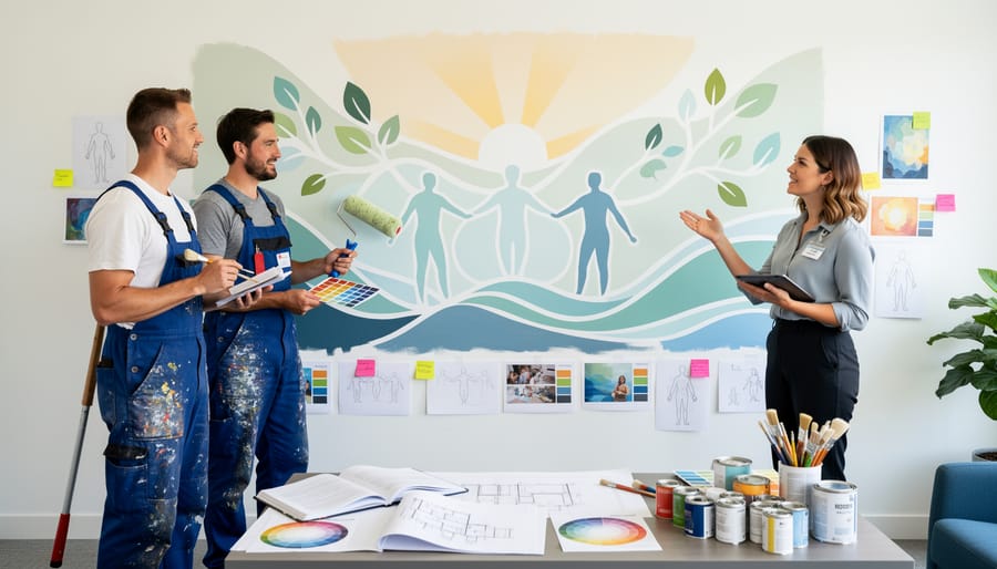 Commercial painter and art therapist collaborating on therapeutic mural project planning