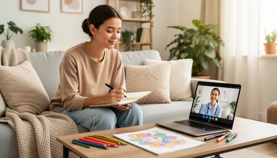 Laptop showing virtual art therapy session with art supplies on home desk