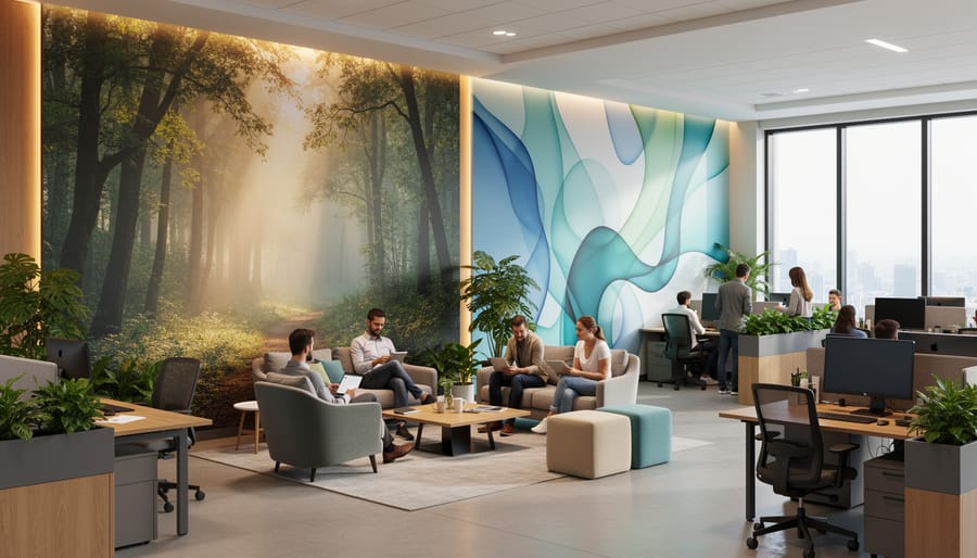 Office workers in modern workspace with large calming therapeutic mural on wall