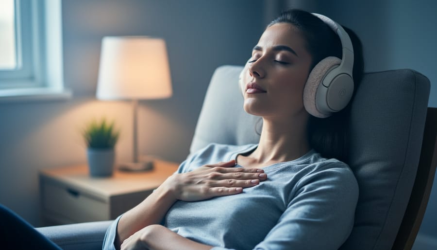 A person wearing headphones in a quiet room with eyes closed, one hand over their chest, suggesting relief from anxiety through calming music.