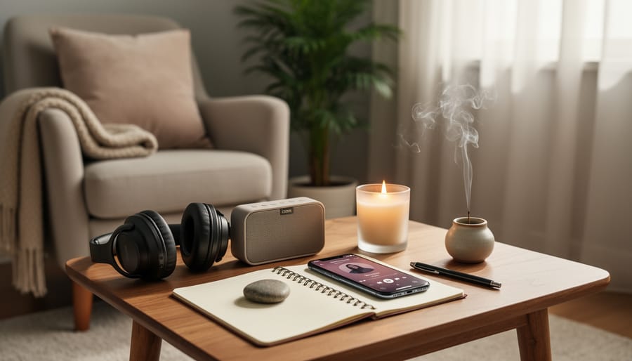 Candlelit table with a glass of water and a smartphone playing calming audio in a quiet room