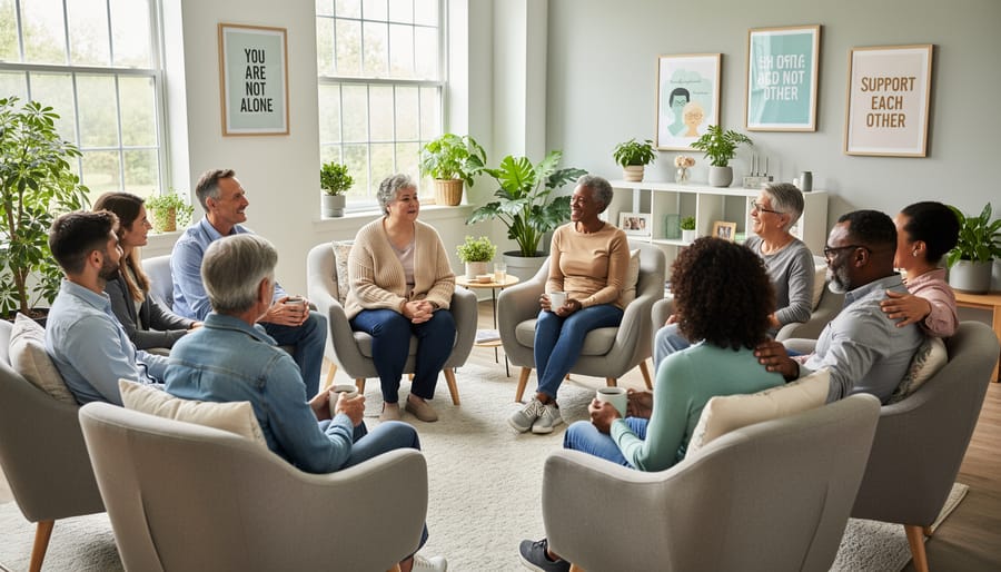 People sitting in a community room with a sketchbook and colored pencils, suggesting supportive conversation and mental health advocacy.