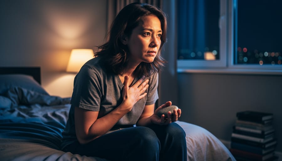 Person sitting in bed at night with a bedside lamp glow, one hand on their chest and the other holding a grounding stone, showing anxiety and coping.