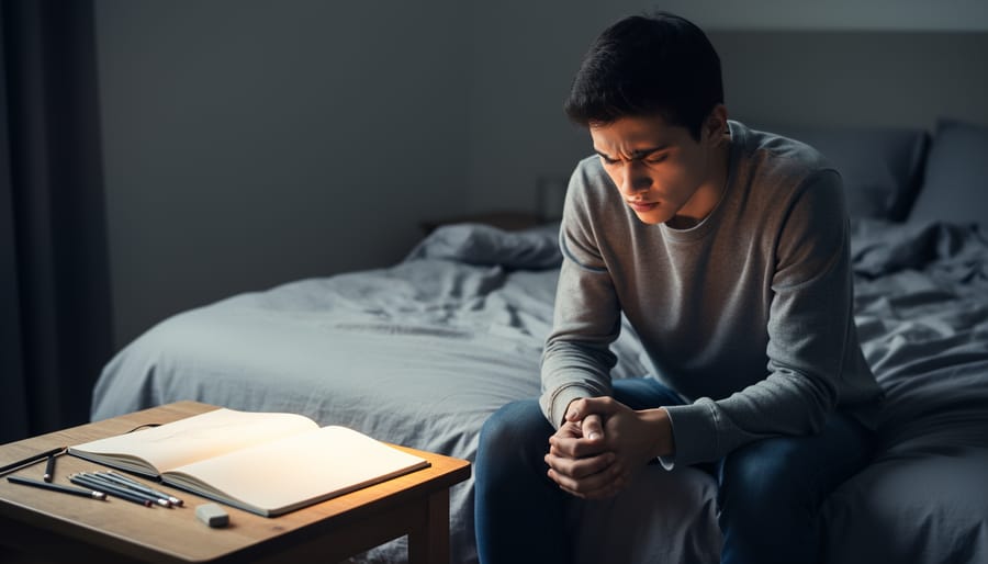 Person sitting indoors holding a sketchbook while looking down, representing anxiety and the beginning of creative coping.