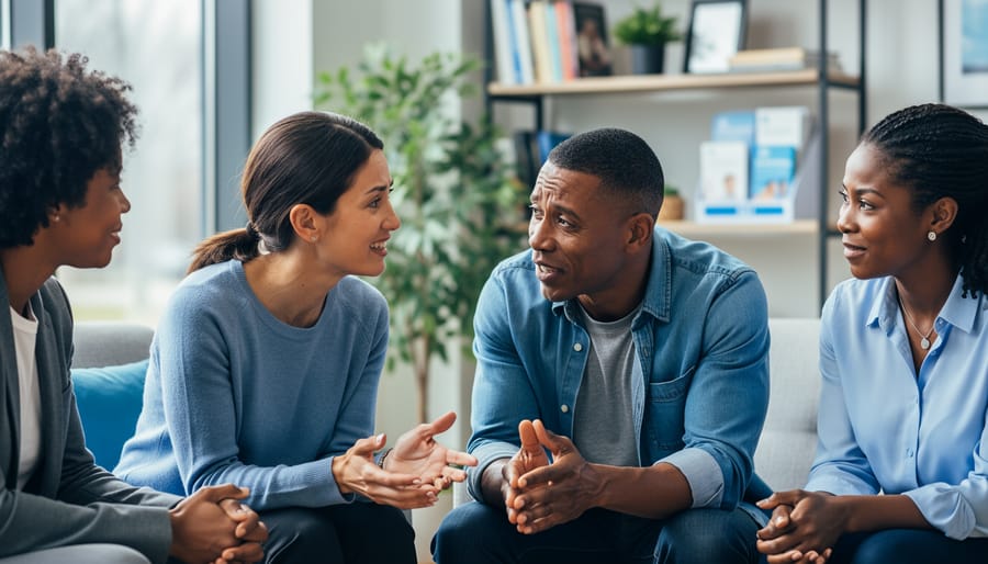 Diverse group of adults in a community space sharing a supportive conversation with gentle, compassionate body language.