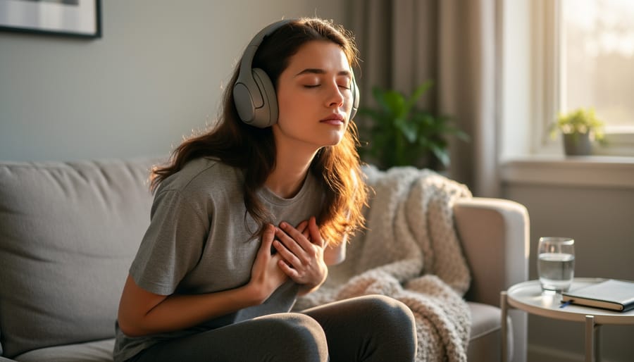 Person sitting with eyes closed while wearing over-ear headphones to calm anxiety