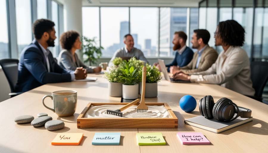 Office meeting table with calming stress balls and supplies, suggesting workplace support for mental health advocacy.