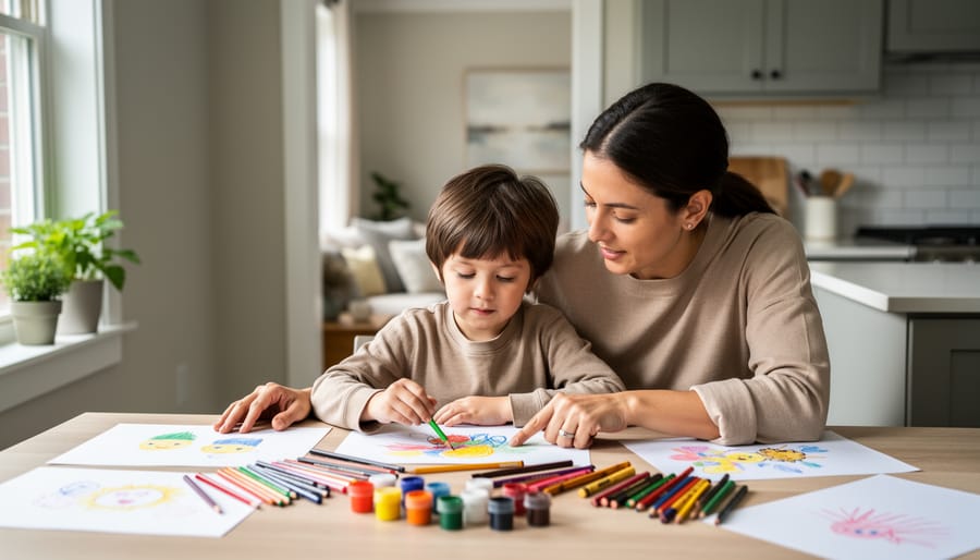 “A parent and child sitting together at a kitchen table with colorful art supplies in a calm, supportive home environment.”