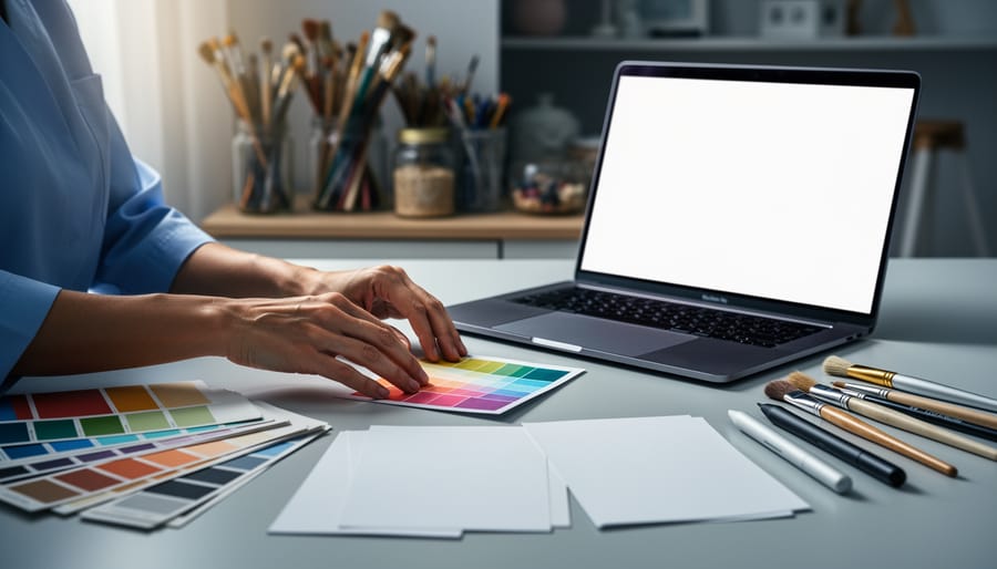“Hands arranging blank graphic design materials and color swatches beside a laptop with a blank canvas in a therapy studio.”