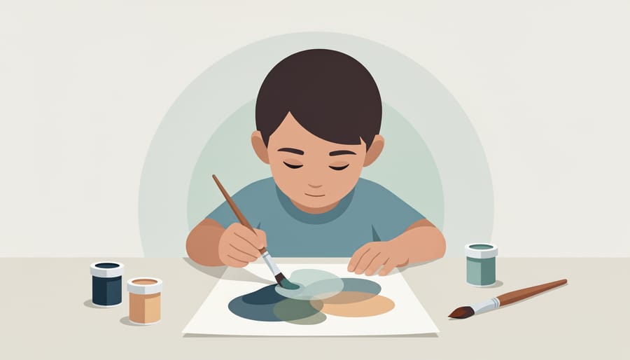 Close-up of a child painting with a brush on a blank sheet of paper