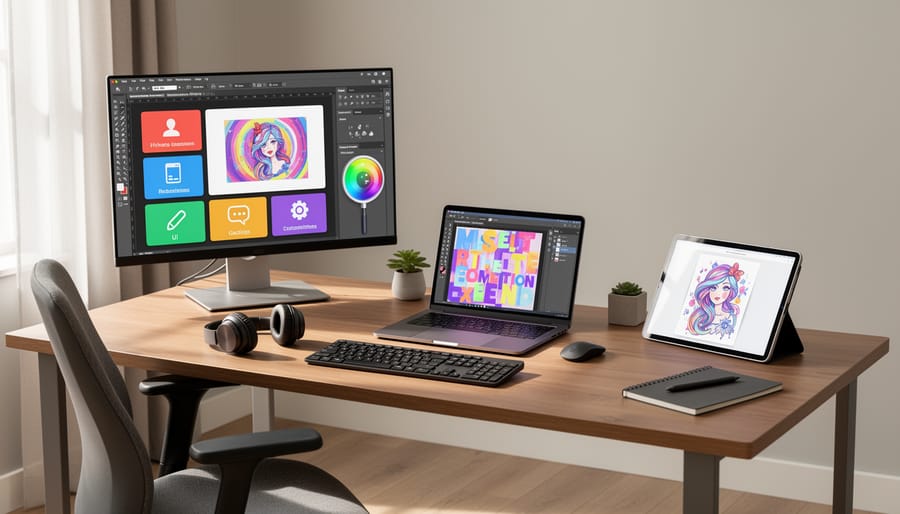 Laptop and creative tools arranged on a desk for online graphic design practice
