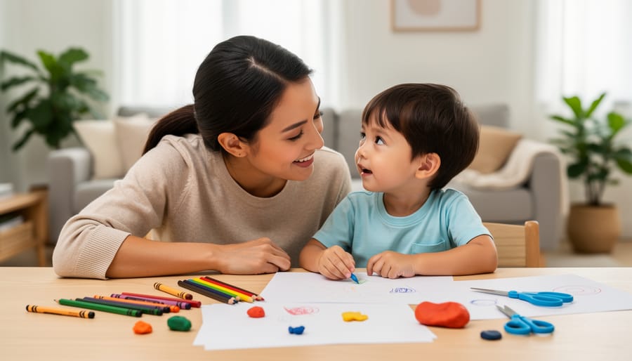 Parent and child sitting together at a kitchen table with colorful art supplies and a supportive, attentive mood
