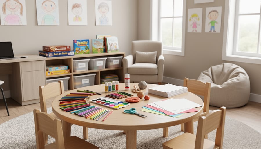 Quiet child-friendly counseling room with a small play table and art materials