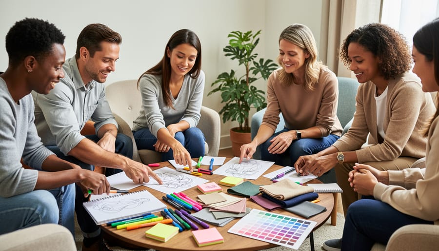 Therapist and client using sketchbooks and colored pencils together at a table during a creative healing session