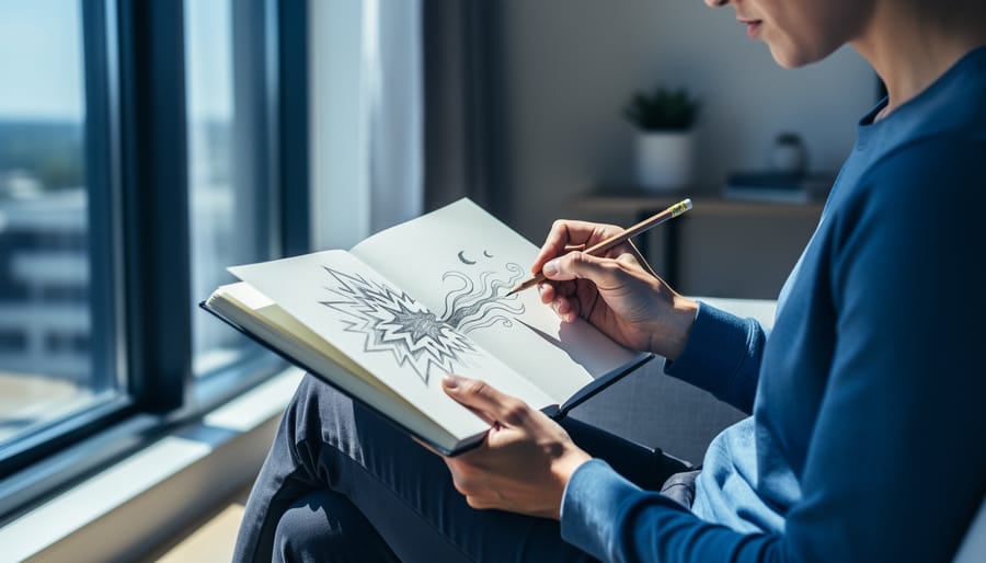 Person seated by a window sketching in a sketchbook, symbolizing coping with anxiety through creative, nonverbal expression.