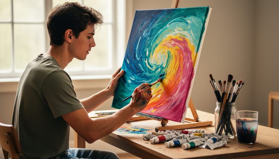 Close-up of hands painting on a blank canvas with colorful paints in an art therapy setting