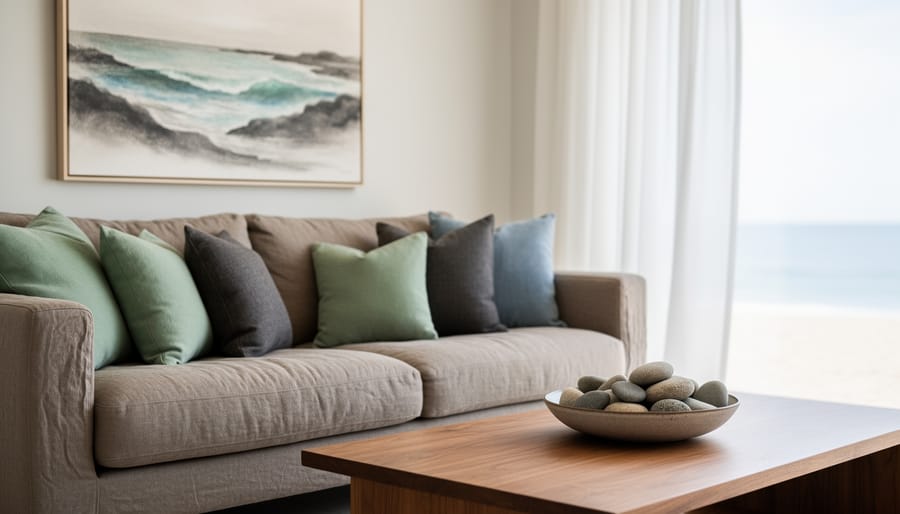 Serene beach house living room with a warm taupe sofa, sea-foam green pillows, natural wood textures, smooth stones, and soft daylight with a blurred ocean view beyond sheer curtains.