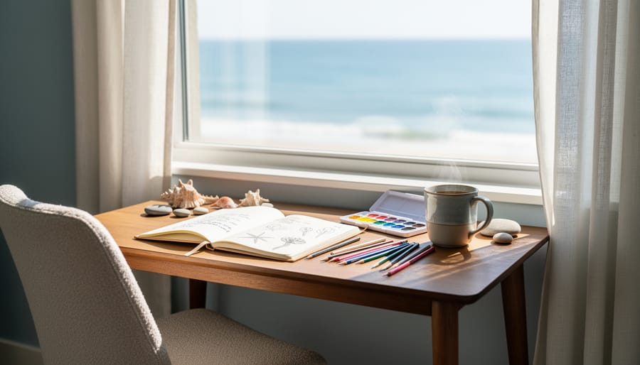 Person journaling at a window-side desk in a beach house with colored pencils and a dried-grass vase in warm sunlight