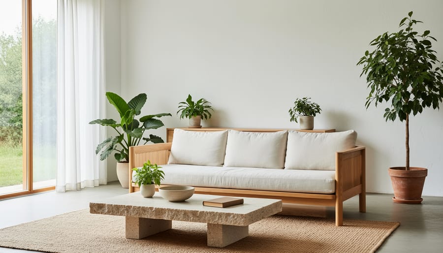 Warm minimalist bedroom corner with natural wood furniture, linen bedding, a large potted plant, and soft golden sunlight.
