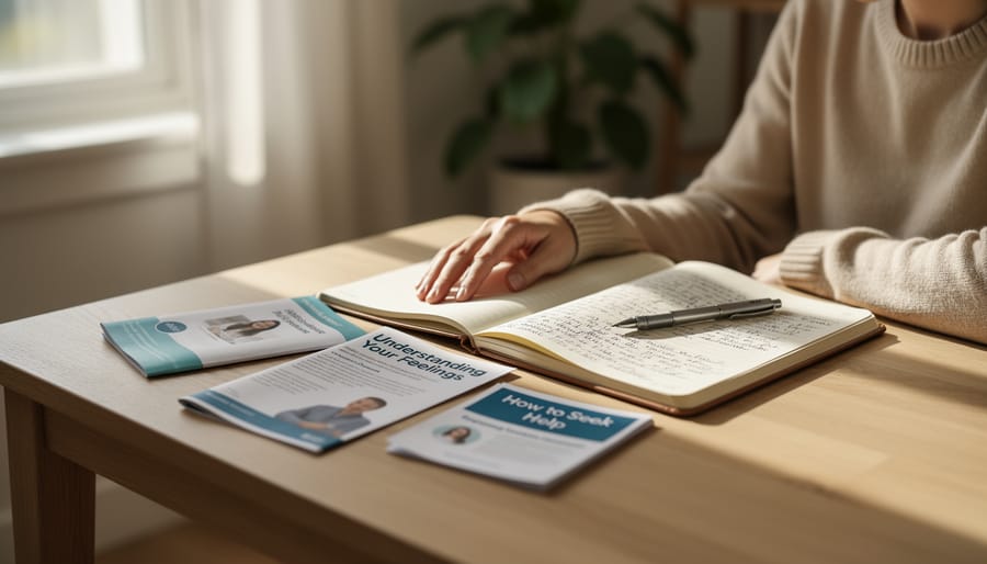 Hand holding a blank phrase card next to a notebook and pen in a calm room