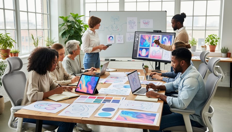 Two therapists collaborating at a desk with shared creative tools, laptop, and tablet in a bright office.