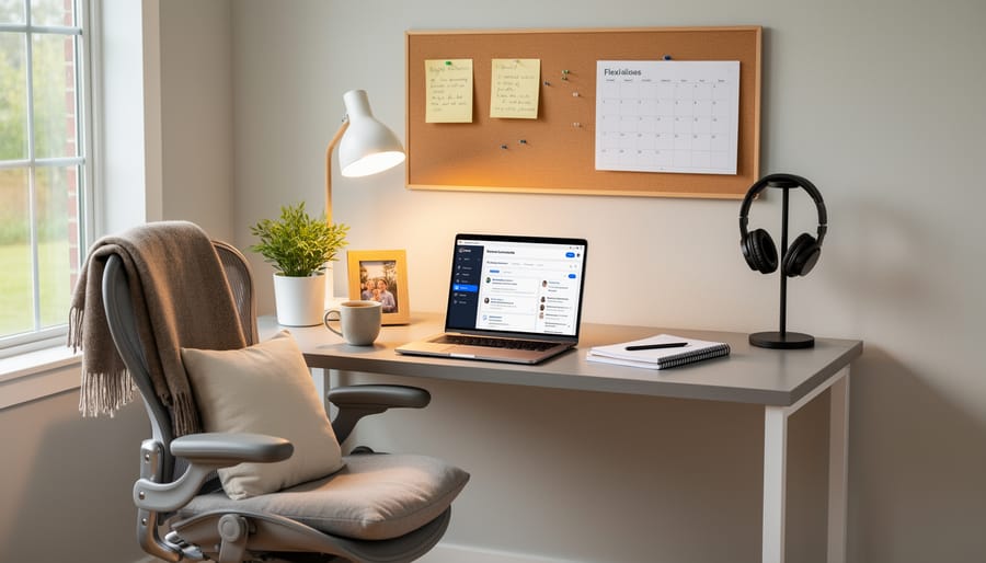 Cozy home workspace with a digital art tablet, headphones, and art supplies arranged neatly