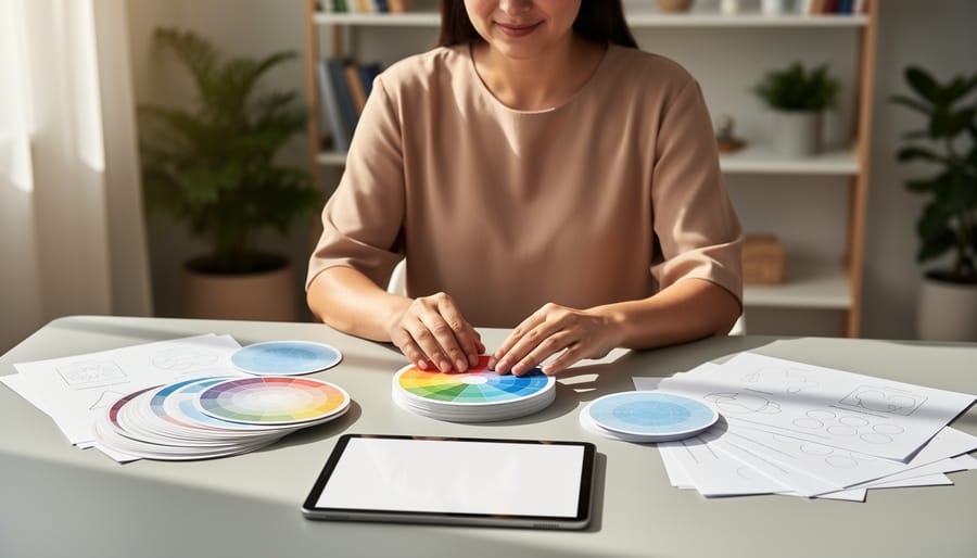An art therapist arranging colorful blank worksheet materials and a tablet on a table in a calm studio setting.