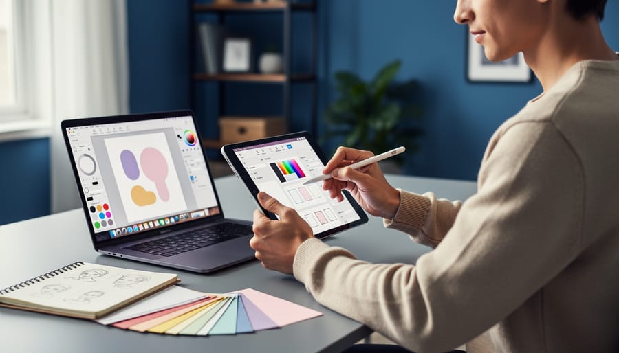 Person using a stylus on a tablet and laptop to create digital graphics in a calm, private workspace for healing and emotional expression.