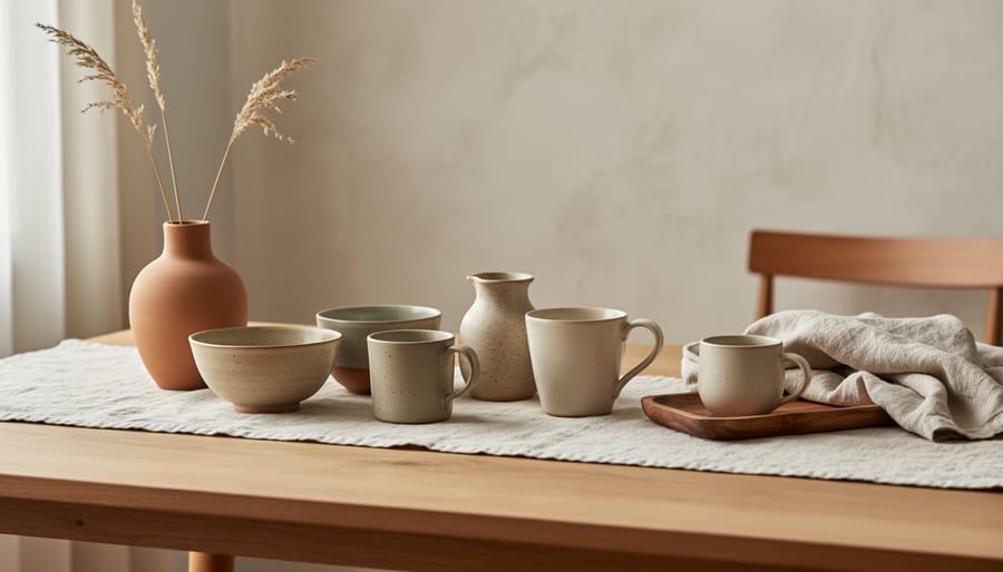 Handcrafted ceramics, linen fabric, and dried lavender on a sunlit coffee table.