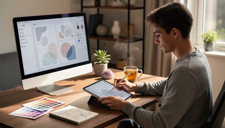 Hands holding a stylus over a tablet while creating colorful artwork in a quiet, comfortable workspace.