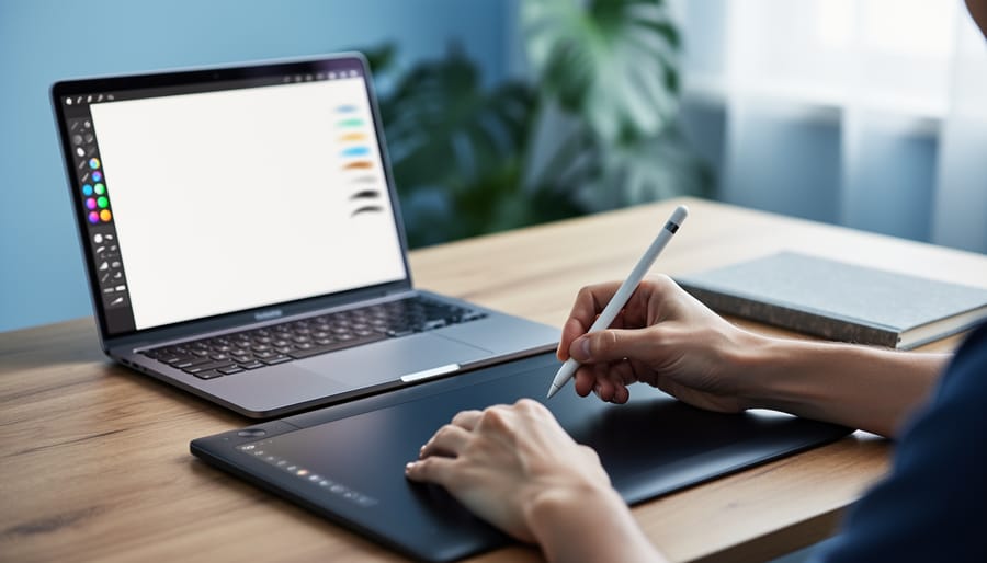 Person’s hands drawing on a digital tablet with a stylus at a calm desk, suggesting creative practice for mental wellbeing