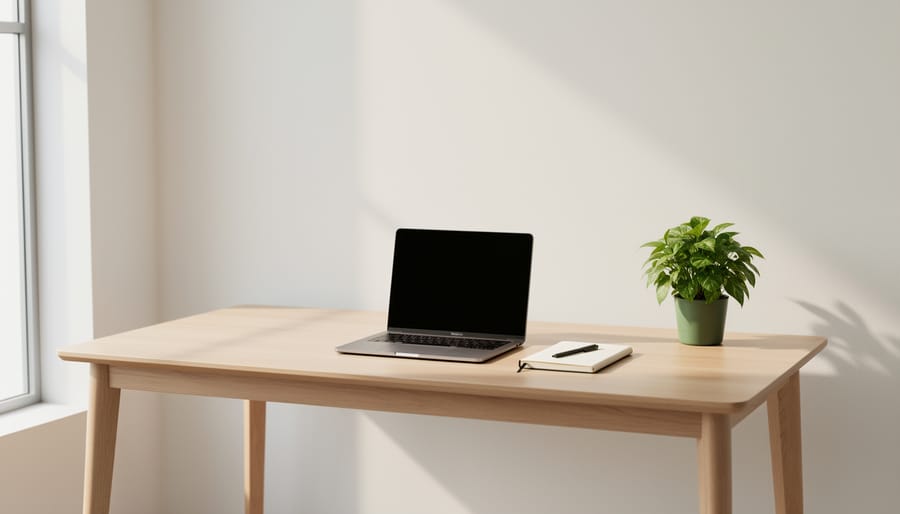 Close-up of a minimalist tabletop vignette with a ceramic vase, single green stem, and a notebook near softly lit neutral fabric.