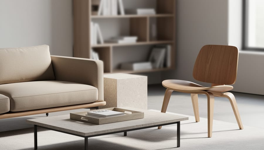 Minimalist living room corner with a beige sofa, a curved wooden chair, a light stone side table, and a clutter-free coffee table under soft natural daylight.