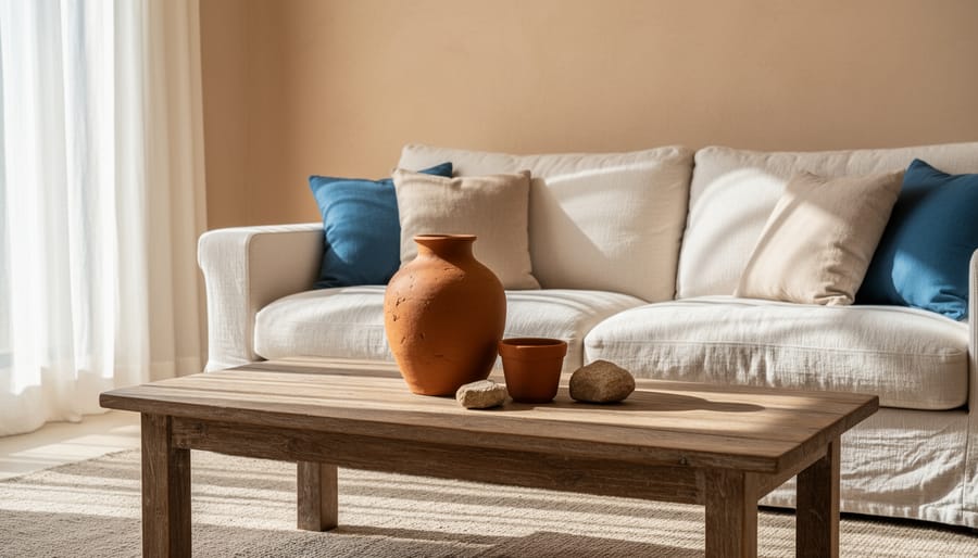 Sunlit Mediterranean living room with a linen sofa, aged wooden table, terracotta pot, and clay vase surrounded by warm neutral tones and subtle ocean-blue accents.