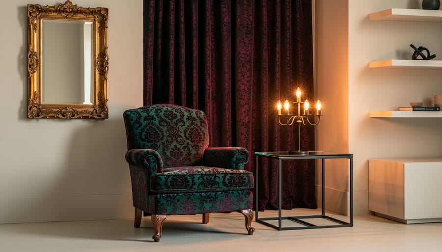 Modern Victorian living room corner with a velvet brocade armchair, ornate mirror, sleek glass side table, and warm dramatic lighting from layered drapery.