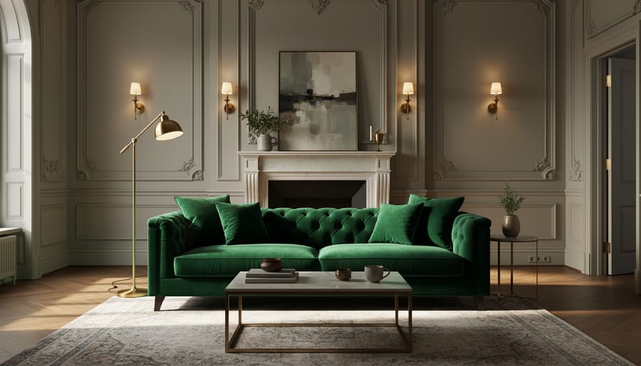 Living room corner with an emerald velvet armchair, brocade textiles, and a brass floor lamp creating warm lighting