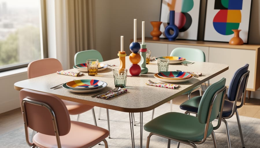 Postmodern dining scene with scalloped side table, velvet chair, retro decor, and warm golden lighting.