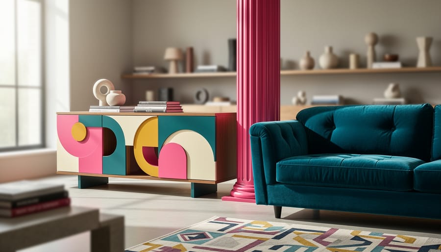 Eclectic postmodern living room with a geometric Memphis credenza, a jewel-toned velvet sofa, and a bright pink lacquer reimagined column detail in soft daylight.