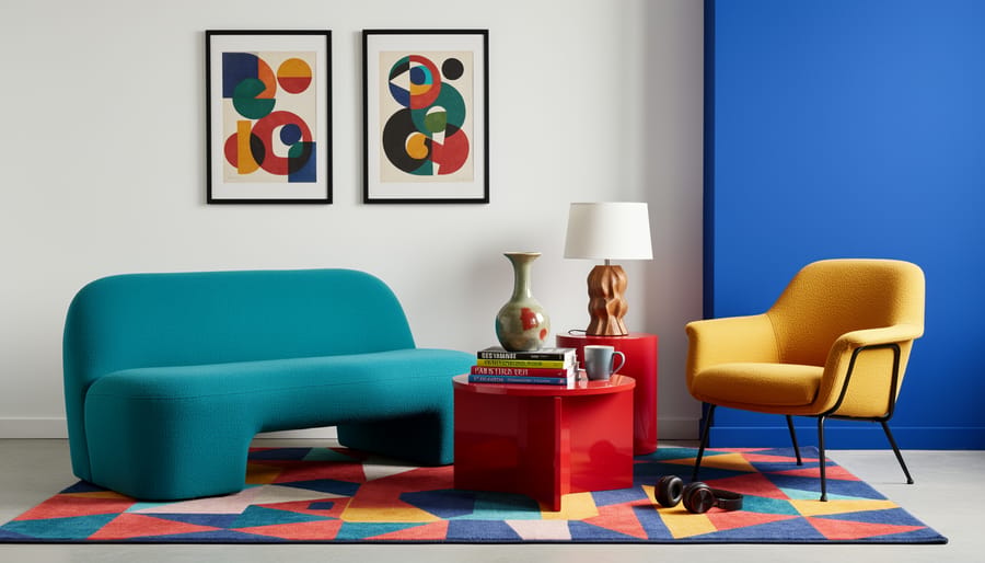 Postmodern living room with cobalt sofa, geometric rug, mismatched side tables, and abstract wall art.
