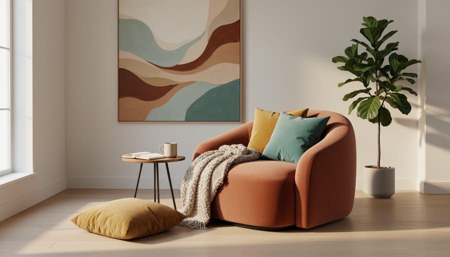 Person journaling in a cozy reading nook with velvet chair and colorful postmodern decor.